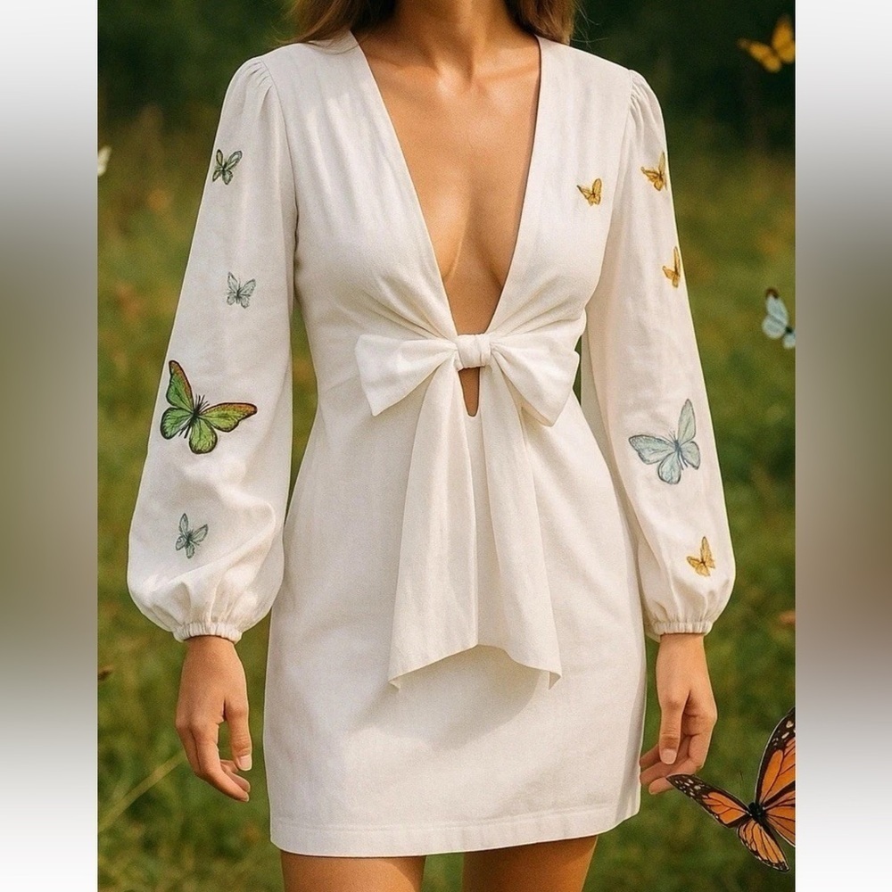 Fanm Mon XS Larson Butterfly Embroidered Long Sleeve V-Neck Mini Dress NWT $359